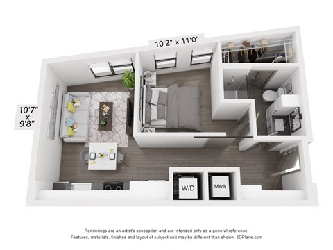 Floor plan for 1 bed, 1 bath, 600 sqft